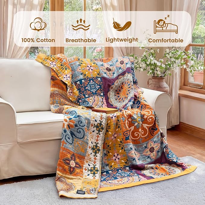 MSGKV Boho Throw Blanket 90"x90" Summer Cotton Queen Roman Blanket for Bed | Muslin Throw, Queen Size Blanket, Reversible Woven, Lightweight Comfort, Farmhouse Decor, All Seasons, Machine Washable