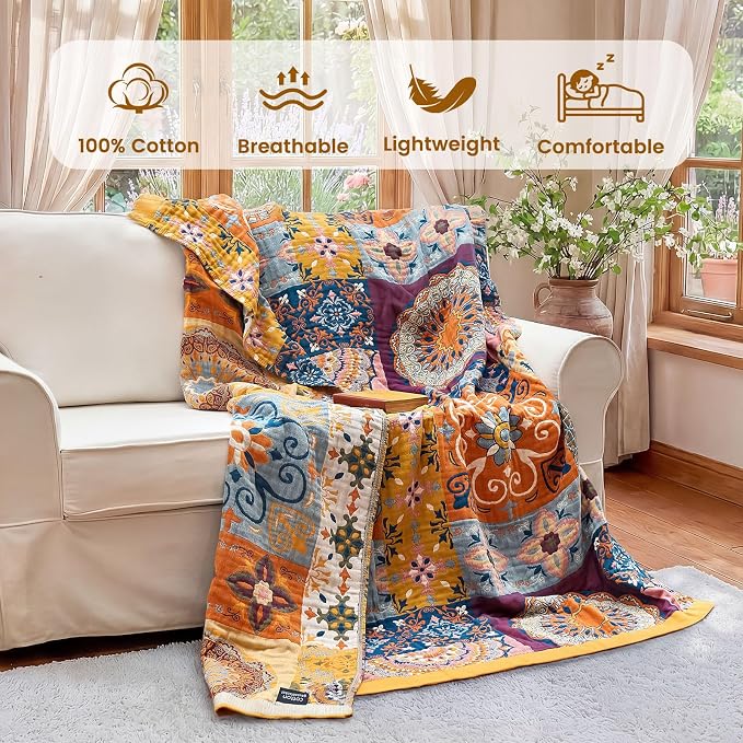 MSGKV Boho Throw Blanket 90"x108" 100% Cotton Roman Muslin King Blanket | 100% Cotton Muslin, King Size Throw Blanket, Soft & Breathable, Lightweight Comfort, Bedroom Home Accent, Machine Washable