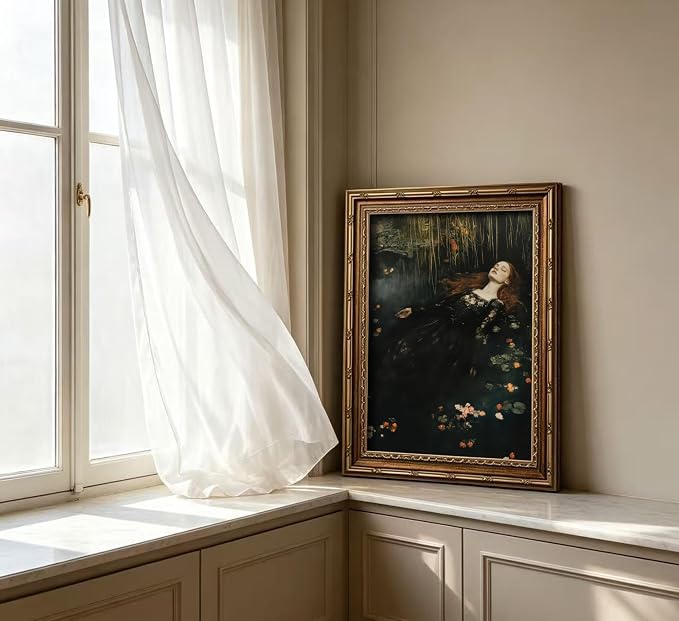 Vintage Gold Framed Ophelia Wall Art,Victorian Gothic Oil Painting Canvas Print,Classic Dark Academia Aesthetic Wall Decor,Antique Woman Portrait Picture,Moody Floral Poster Artwork,for Living Bedroom