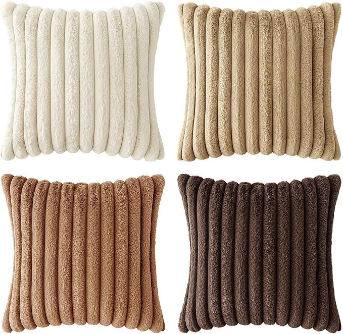 MIULEE Faux Fur Plush Decorative Throw Pillow Covers 20x20, Brown | Set of 4, Fall, Striped, Soft Boho Farmhouse Rustic Cozy Home Decor, Cushion Cases for Sofa Couch Bed Living Room