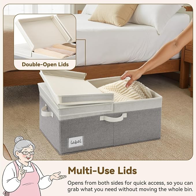 GRANNY SAYS Decorative Storage Boxes with Lid, Large Storage Bins with Double-Open Lid, Fabric Storage Basket for Clothes, 63L Closet Linen Storage Bin, White&Gray, 2-Pack