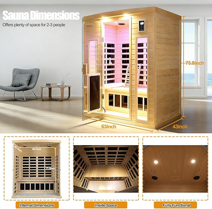 3 Person Infrared Sauna 0-5mG Ultra Low EMF Far Infrared Sauna for Home 2130W/20A Canadian Hemlock Indoor Sauna with Front Door Heating Panel, Chromotherapy Lights