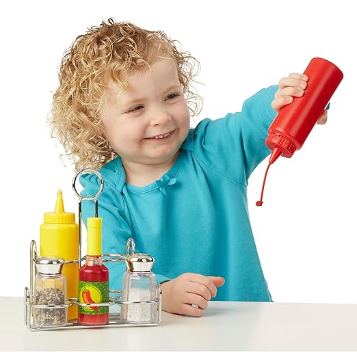 Melissa & Doug Condiments Set (6 pcs) - Play Food, Stainless Steel Caddy