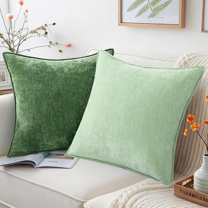 decorUhome Chenille Sage Green Velvet Throw Pillow Covers 22x22 Set of 2 | Fall Soft Euro Sham Couch Decorative Modern Farmhouse Pillow Cases with Elegant Design for Sofa Bed Living Room Home Decor