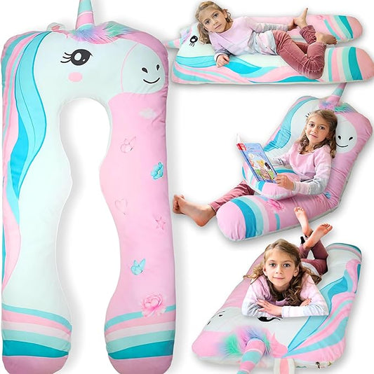 LUNAMIRA Unicorn Kids Body Pillow - 47" U-Shape Long Plush Soft Animal Pillow for Toddlers, Sleeping, Reading, ADHD & Special Needs Comfort, Anxiety, Washable Cover, Snuggle Cuddle for Boys & Girls