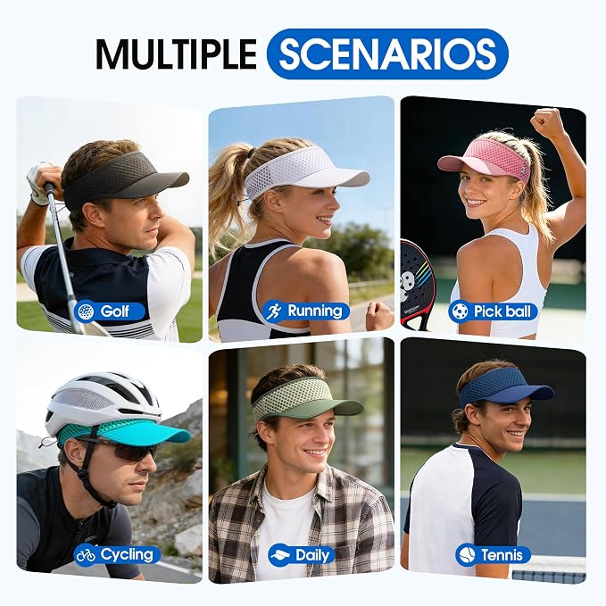 AUSFLUG Sun Visor Hat Men Women - Moisture Wicking Lightweight Sports Cap | Quick dry breathable mesh, adjustable ponytail strap, sun blocking for golf, tennis, pickleball, running, beach, hiking