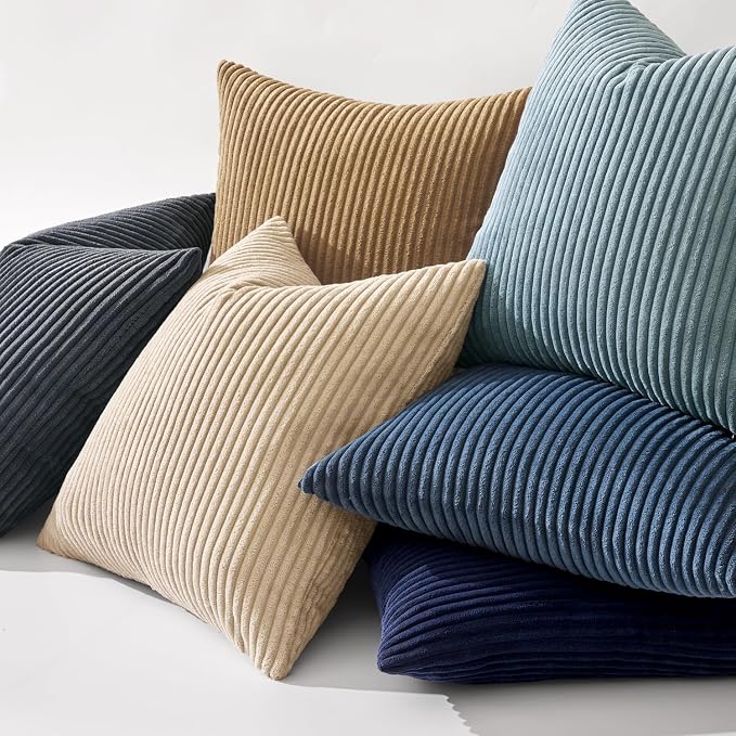 MIULEE Decorative Corduroy Throw Pillow Covers Set of 2 20x20 Dark Blue | Soft Striped Textured Cushion Cases, Boho Coastal Square Pillowcases for Home Decor, for Couch Chair Sofa Bed Living Room