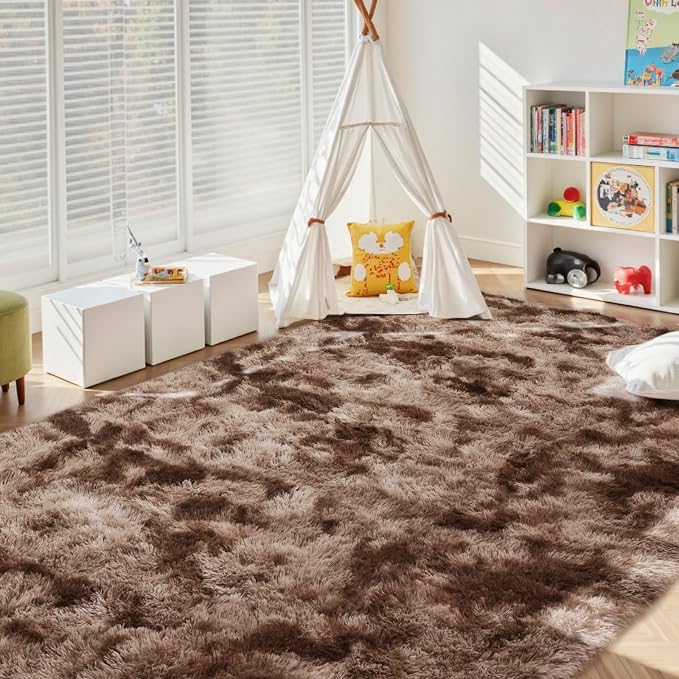 5x8 Ft Shag Brown Area Rug for Bedroom Living Room, Tie-Dyed Ultra Soft Fluffy Furry Rugs for Indoor Floor, Aesthetic Carpet for Kids Home Decor (Coffee)