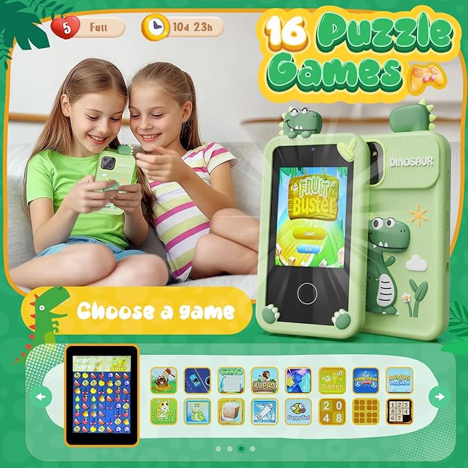 Luyiilo Kids Smart Phone Toys for Boys,Dinosaurs Gift Toys for Boys Ages 3-9 Christmas Birthday Gifts Mini Smart Phone Toys With 2.8" Touchscreen 16 Learning Games Dual Camera Music Player, 8G SD Card