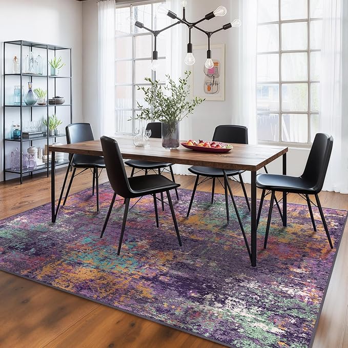 RELEANY Washable 9'x12' Abstract Area Rug for Living Room Purple Multi | carpet for bedroom, kitchen, office, hallway and entryway, printed pattern, non-slip, soft, stain-resistant, easy to clean