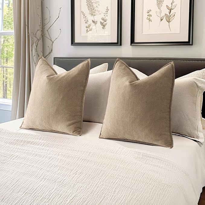 MIULEE Pack of 2 Khaki Decorative Chenille Pillow Covers 20x20 Inch | Soft Couch Throw Pillows,Farmhouse Cushion Covers with Elegant Design for Sofa,Bedroom,Living Room,Spring Home Decor