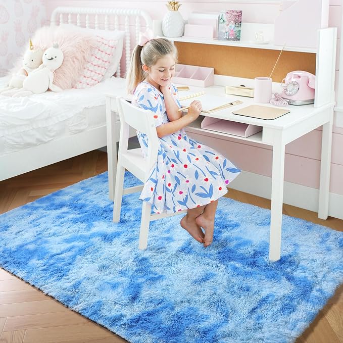 Amdrebio Tie-Dyed Light Blue Shaggy Kids Area Rug 4x6 for Girls Bedroom | Fluffy Shag Fuzzy Soft Carpet, Classroom Playroom Baby Nursery Toddler Room Decor, Coastal Aesthetic Ocean Beach Sky, Kawaii