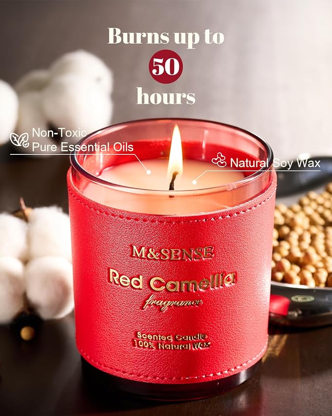M&SENSE Red Camellia Candles for Women, 10oz | Non Toxic Organic Soy Wax, 42 Hour Long Lasting Clean Burn, Summer Floral Scented, Stress Relief Romantic Gifts