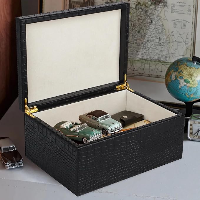 HofferRuffer Faux Leather Decorative Box, Large Wooden Structure Keepsake Box Accessory Organizer Jewelry Organizer with Hinged Lid, Storage Container for Home or Office (CrocoBlack)
