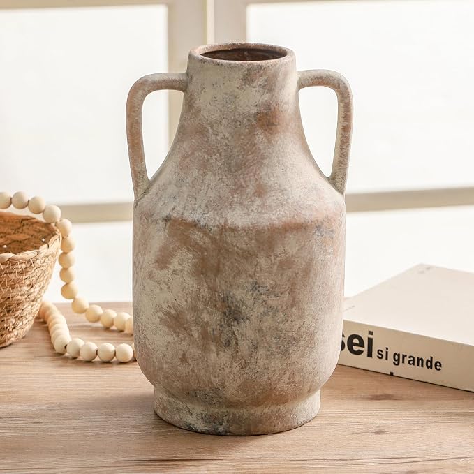Mitt&Ditt Ceramic Flower Vase with Handles, 11 inch Tall Vase for Centerpieces, Large Decorative Terracotta Vases, Farmhouse Rustic Vases for Home Decor, Living Room, Table, Neutral