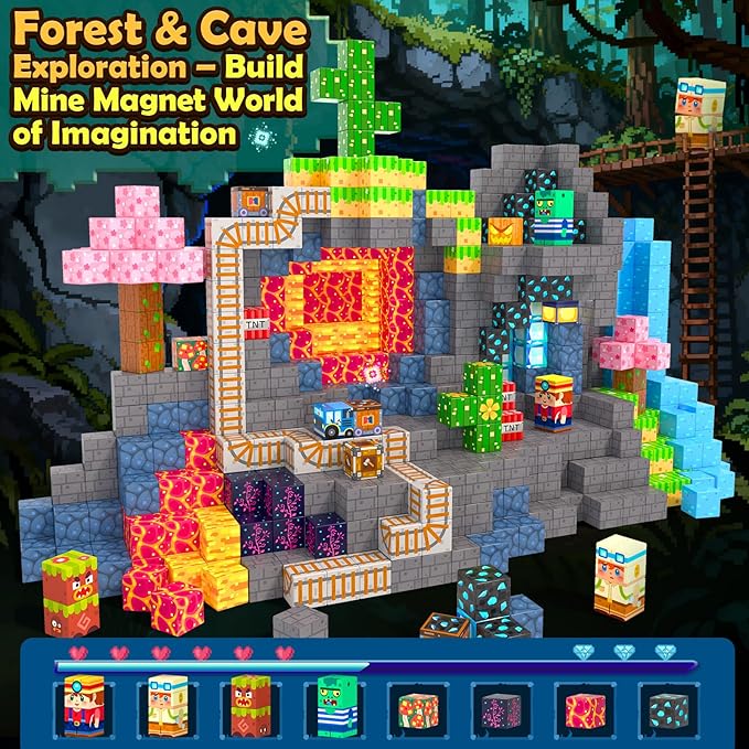 Magnetic Blocks 100 PCS Building Toys for Ages 4-8 9-12 3-5 Forest & Mine Theme Magnet Building Cubes STEM Sensory Toys for Kids Ages 3 4 5 6 7 8 9 10 11 12 Year Old Boys Girls Birthday Gifts