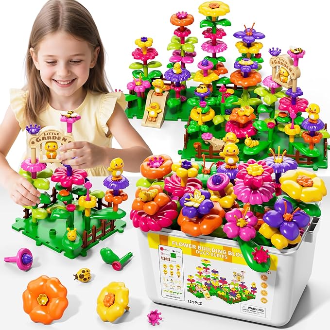 Flower Garden Building Toys for Toddler 3 4 5 6 7 Years Old, 119Pcs DIY Stacking Toys with Storage Box, Kids STEM Preschool Educational Toy, Christmas Birthday Gift for Girls Ages 3-5