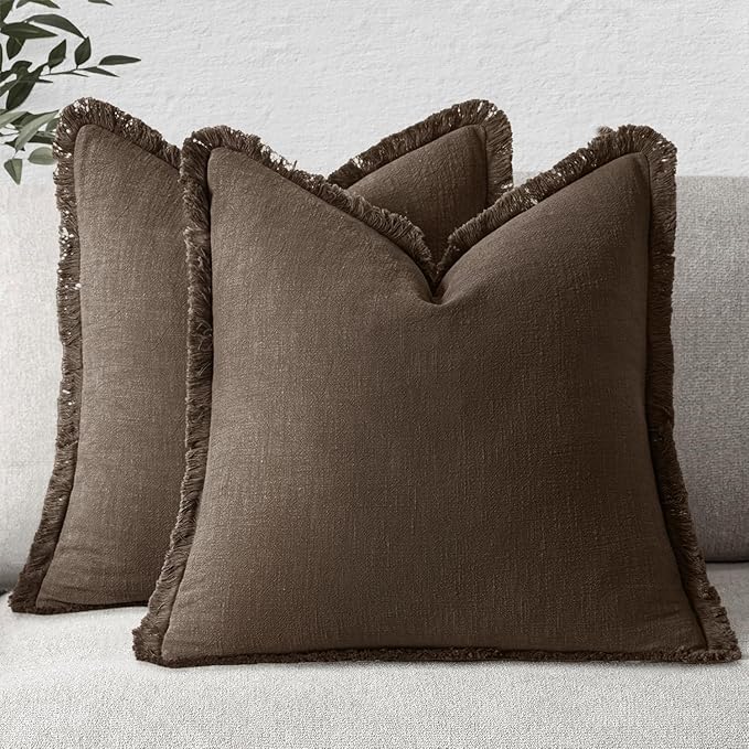 MIULEE Linen Fringe Decorative Euro Pillow Covers Chocolate Brown 22x22 | Set of 2, Cottagecore Decor, Boho Farmhouse Neutral Throw Pillow Covers, Rustic Fall Couch Cushions for Sofa Bed Living Room