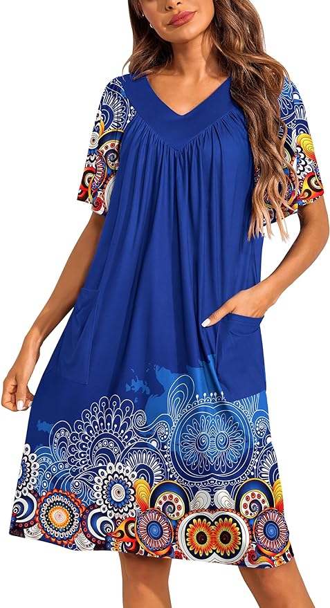 Ekouaer Womens House Dress Floral Print Nightgown with Pockets Mumu Dress