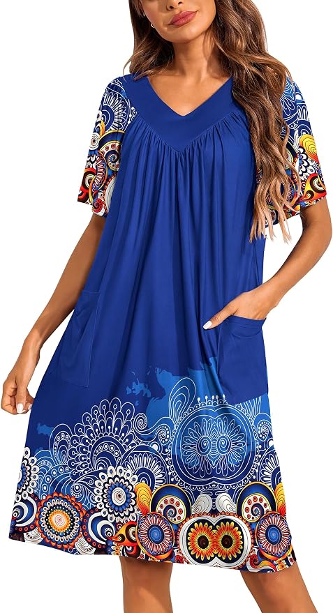 Ekouaer Womens House Dress Floral Print Nightgown with Pockets Mumu Dress