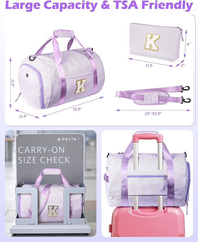 Birthday Gifts for Tween, Girls Travel Duffle Bag, Kids Initial Overnight Duffel Bags with Shoe Compartment, Personalized Dance Bag with Cosmetic Pouch, Preppy Stuff (Letter L)