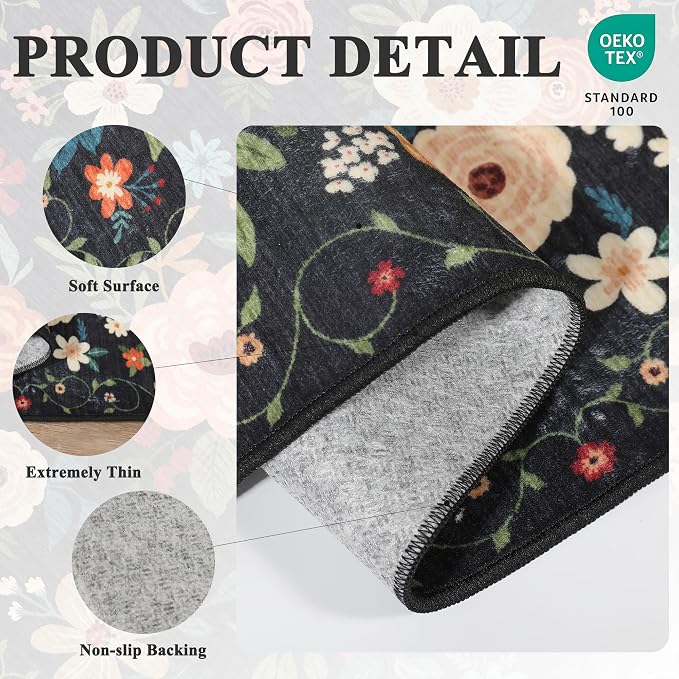 DUKINO 6ft Round Rug, Soft Washable Circle Rug for Bedroom Non Slip, Black | Low Pile, Stain Resistant Indoor Rug for Living Room, Dining Room, Kids Room, Office, Pet Friendly, Home Decor, Non-Shedding