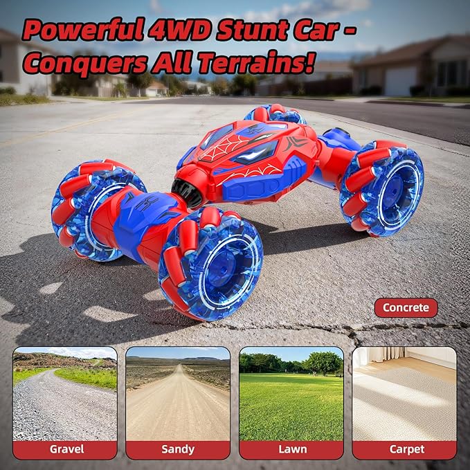 Unique 4WD 360° Rotating Gesture Sensing RC Stunt Car, Double‑Sided Driving RC Drift Car with Lights, Music & Spray, Kids Outdoor Cars Toys for Ages 6-12, Gifts for Boys 6-12,2 Replaceable Batteries