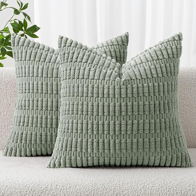 MIULEE Euro Sham Corduroy Decorative Throw Pillow Covers 24x24 Grey Green | Pack of 2 Soft Boho Striped Pillow Covers Modern Farmhouse Home Decor For Sofa Living Room Couch Bed