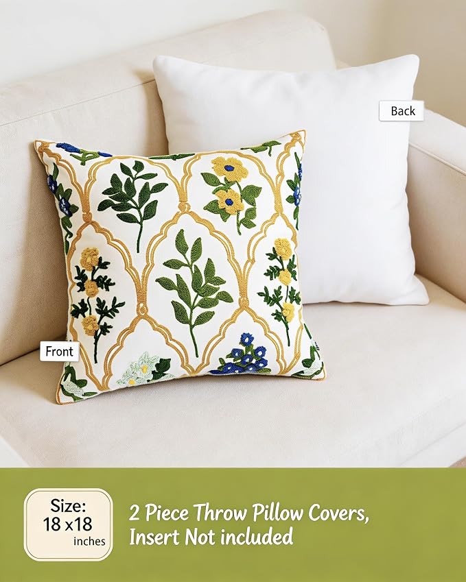 Alysheer Spring Summer Floral Embroidered Decorative Throw Pillow Cover 18"x 18" Set of 2, Flower Leaves Embroidery Patterned Multicolor Cushion Case for Sofa Couch Living Room Bedroom Outdoor
