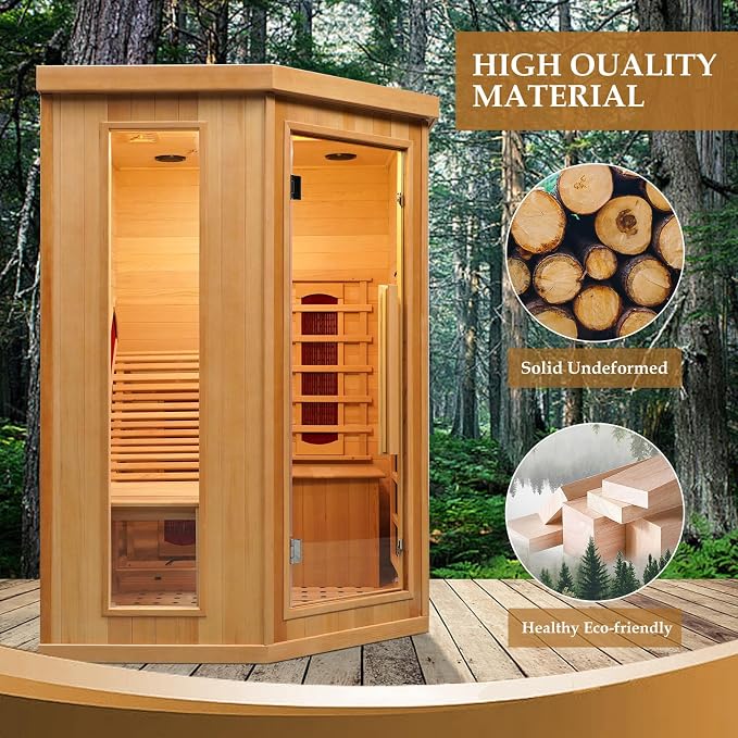 Far Infrared Wood Sauna, 1 or 2 Person Home Canadian Hemlock Luxurious Wooden Traditional Indoor Sauna, 2300W Spa Room with Recliner, 8 Heating Element, Bluetooth Speaker, Lights, Oxygen Bar