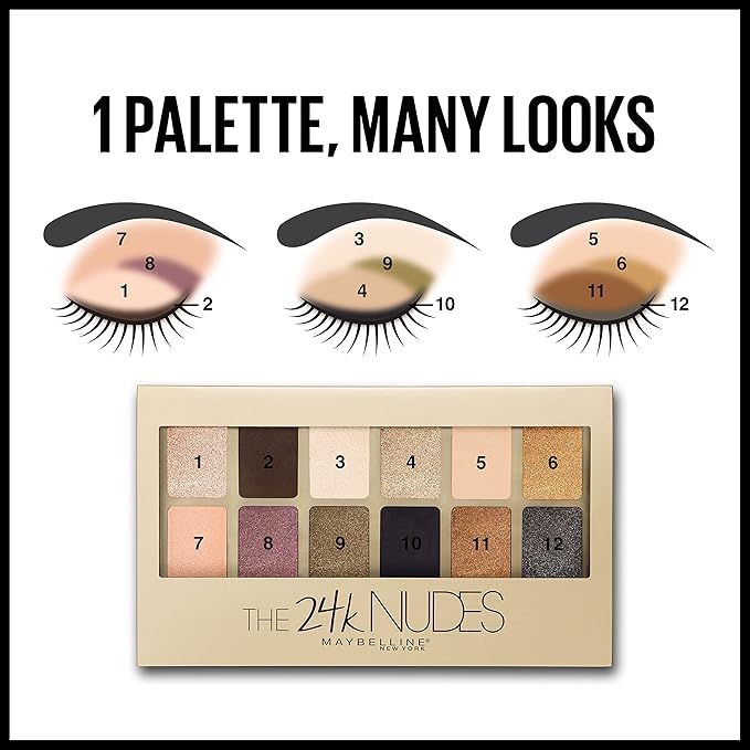 Maybelline The 24K Nudes Gold Eyeshadow Palette Makeup, 12 Pigmented Matte & Shimmer Shades, Blendable Powder, 1 Count