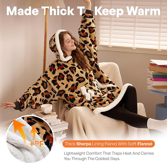 Giggling Getup Wearable Blanket Hoodie for Adults Gifts for Teen Girls Sister Women Sherpa Fleece Printed Hooded Blanket Sweatshirt Warm Cozy with Pocket & Sleeves Brown Leopard