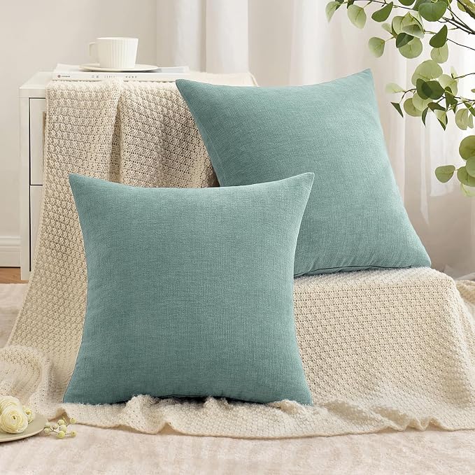 MIULEE Aqua Green Chenille Couch Throw Pillow Covers, 18x18 | Set of 2, Soft Modern Farmhouse Style, Decorative Pillowcases for Sofa Living Room Bed, Home Decor