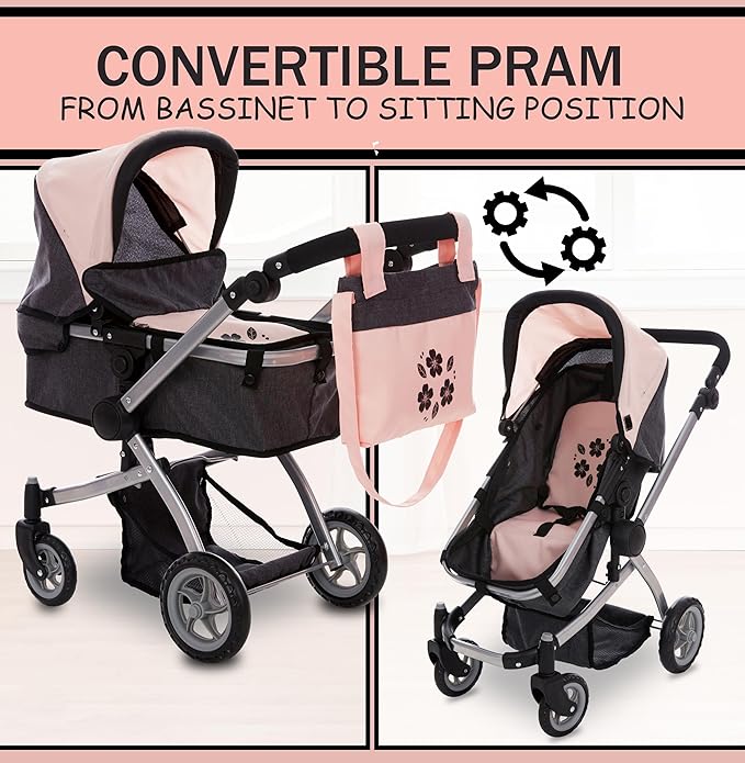 Dolls To Play Baby Doll Convertible Pram Stroller for Kids, Adjustable Handle Foldable Buggy Carriage with Canopy and Storage Basket Heavy Duty Premium Quality Rotating Wheels - 25 Inch