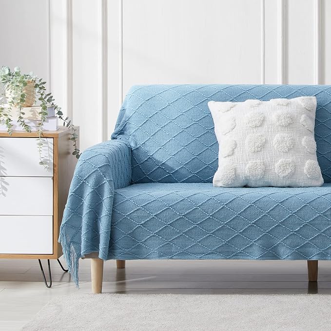BOURINA Blue Throw Blanket 50x90 Inch Boho Knitted Soft Throw Sofa Blanket | Knitted Throw Blanket 50x90 Inches, Soft Lightweight Boho Weave Throw Decorative Couch Blanket for Living Room Bed Runner