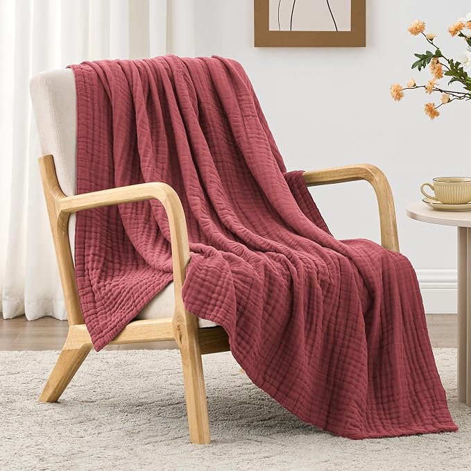 Love's cabin 100% Cotton Muslin Blanket, 6 Layer Lightweight Breathable Gauze Large Throw Blanket 50 x 70 Inches, Soft Cooling All Season Blanket for Couch or Sofa, Wine Red