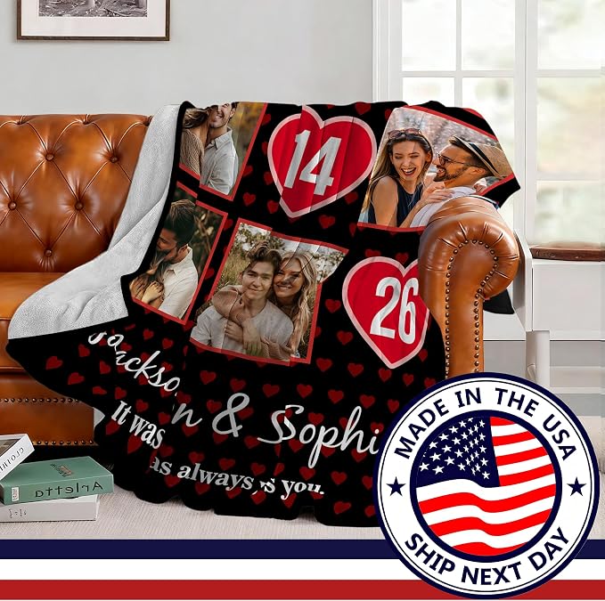 SHIPS NEXT DAY Personalized Valentines Day Birthday Gifts for Him Her Boyfriend Girlfriend Couple Wife Husband Customized Anniversary Memorial Gifts for Mom Dad Men Women Custom Blanket with Picture