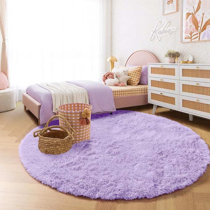 Amdrebio Light Purple Large Round Rugs 7Ft for Girls Bedroom, Fluffy Fuzzy Circle Area Rug for Kids Room Decor Aesthetic, Soft Cute Furry Plush Shag Lavender Carpet for Living Room, Baby Nursery