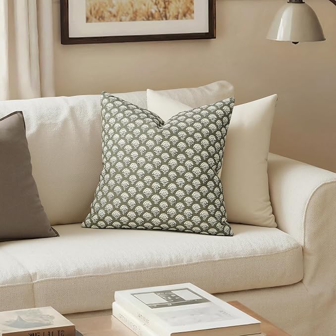 MIULEE Floral Print Decorative Pillow Covers 16x16, Sage Green | Vintage Boho Farmhouse Modern Home Decor, Set of 2, Block Print Cushion Covers for Couch Sofa Bed Living Room