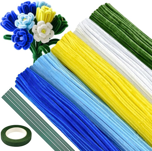 ASTARON 521 Pcs Pipe Cleaners Craft Set, 5 Colors Pipe Cleaners Bulk Pastel Chenille Stems for Craft Pipe Cleaner Flowers Making Kit with Floral Wires, Gardening Tape (Blue Yellow Series)