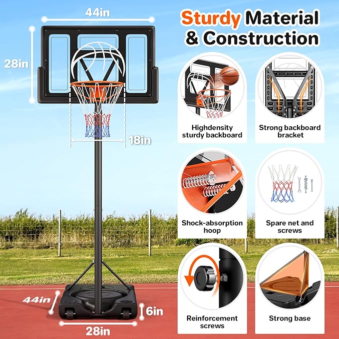 Yohood Basketball Hoop Outdoor 10ft Adjustable, Portable Basketball Hoop Goal System for Kids Youth and Adults in Backyard/Driveway/Indoor, 44 Inch Shatterproof Backboard and Larger Base