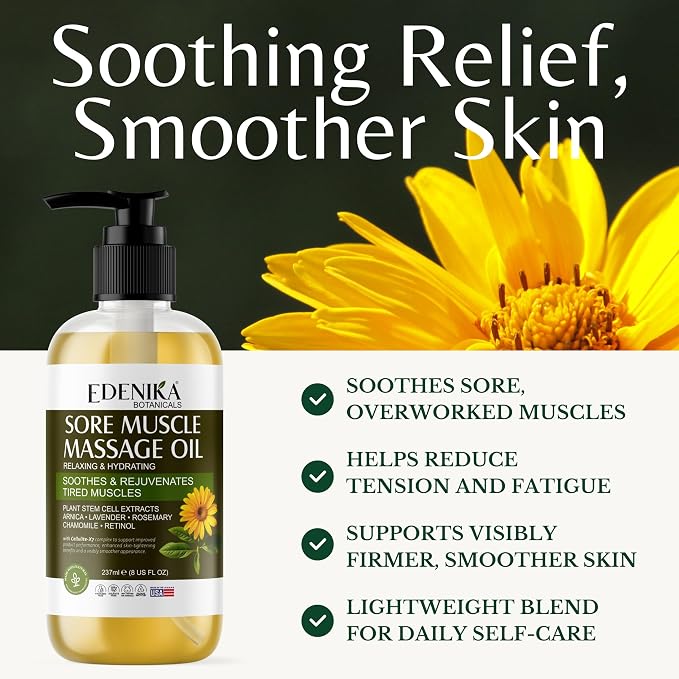 Edenika Botanicals Maximum Strength Sore Muscle Massage Oil for Massage Therapy with Pure Arnica, Deep Muscle Tension Relief & Joint Comfort Rub, Enhancing Circulation & Warming, 8 fl oz