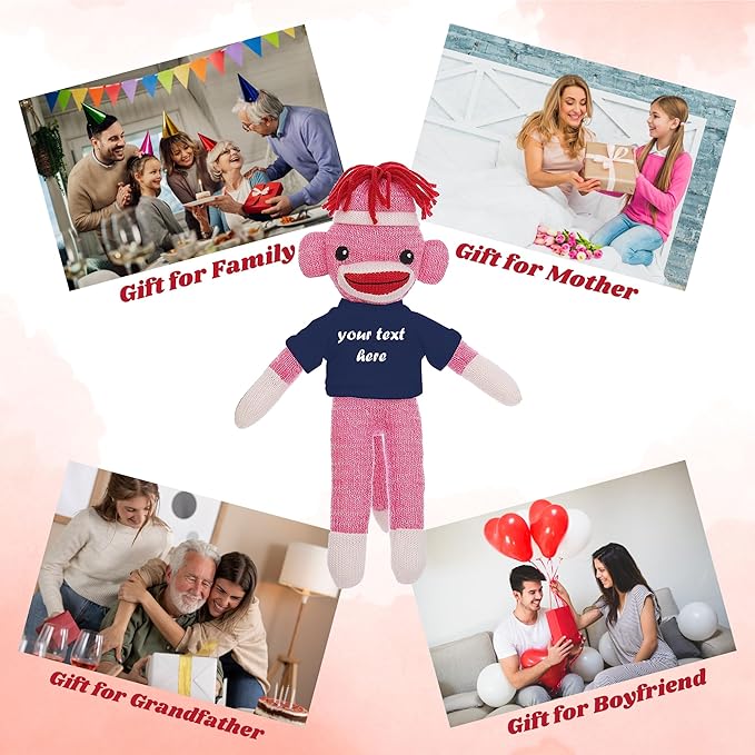 Huggable Pink Sock Monkey 8 Inch, Plush Stuffed Animal Personalized Gift-Custom Text on Shirt-Perfect for Halloween Day, Valentine's Day, Graduation Day, or Birthday Present (Navy)