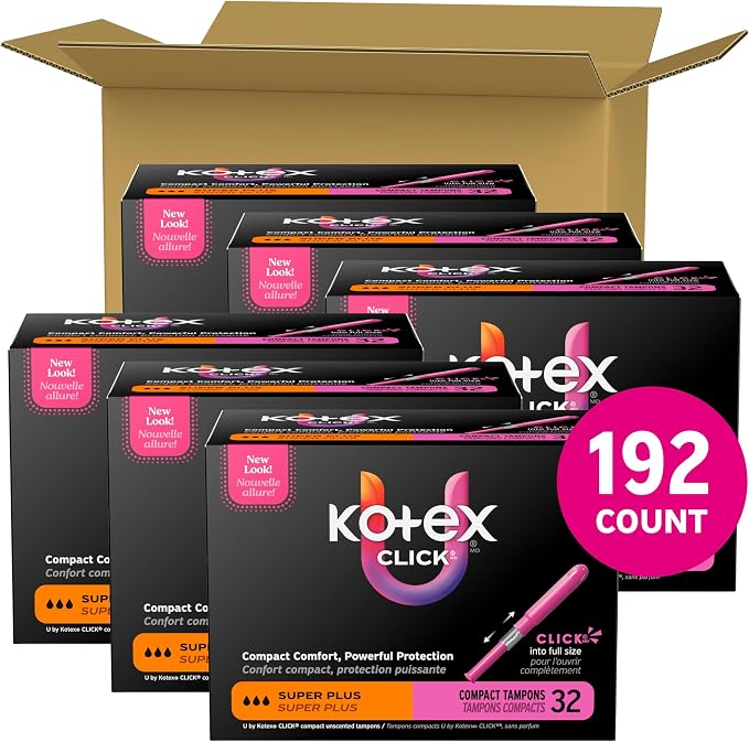 U by Kotex Click Compact Tampons, Super Plus Absorbency, Unscented, 192 Count (6 Packs of 32) (Packaging May Vary)