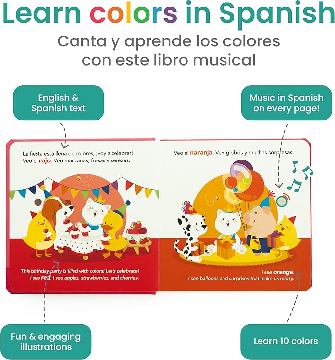 Binibi Spanish Musical Book Colors at The Birthday Party | Spanish Learning for Kids | Bilingual Book for Babies & Toddlers 1-3 | Libro en español para bebés