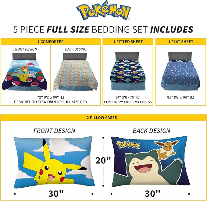 Pokémon Gaming Anime Kids Bedding Super Soft Microfiber Comforter And Sheet Set, 5 Piece Full Size, (Officially Licensed Product) By Franco