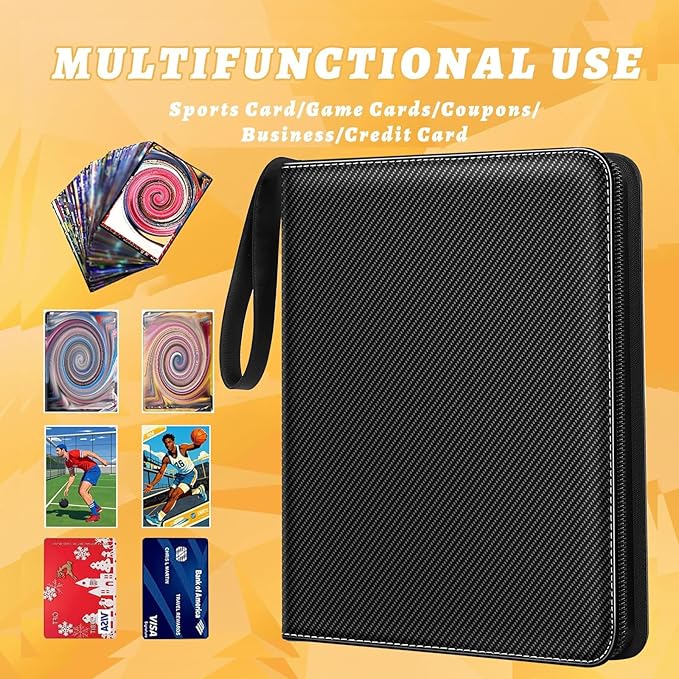 Jravkfi Card Binder 4 Pocket with 50 Removable Sleeves-Can Hold 400 Cards,3-Ring Zipper Sports Book is Gifts for Boys and Girls（Black）
