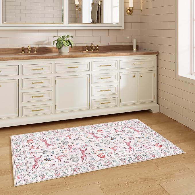 DUKINO 2x4 Rug for Entryway, Animal Washable Runner Rug for Kitchen, Pink | Non Slip, Low Pile, Stain Resistant Thin Indoor Carpet for Hallway, Bedroom, Bathroom, Laundry, Pet Friendly, Non-Shedding