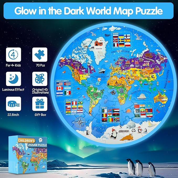 Glow in The Dark World Map Puzzles for Kids 4-6, 70 Pieces Large Globe Floor Puzzles for Kids Ages 6-8 Continents Geography Puzzle Educational Learning Toys for Children