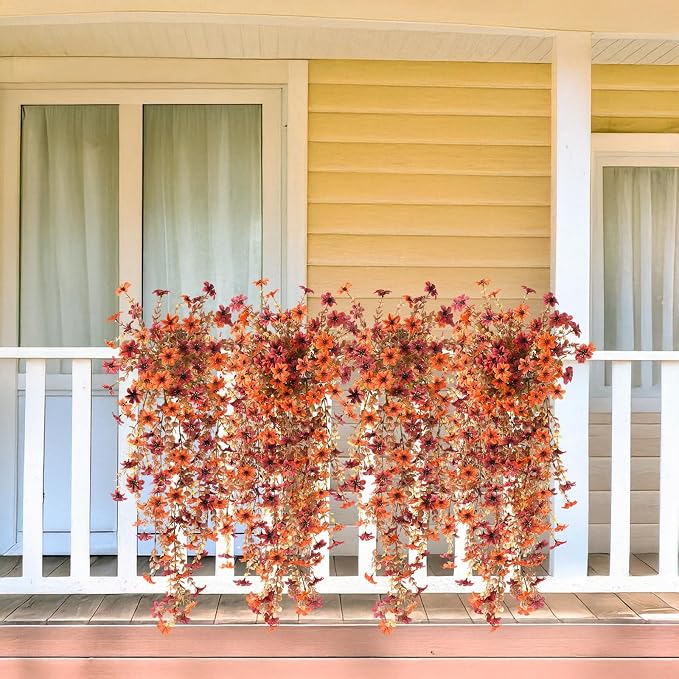 INQCMY Artificial Fake Hanging Flowers Plants for Outdoor Fall Decoration | 2PCS Faux Silk Daisy with Eucalyptus Leaves,UV Resistant Look Real for Outside Home Planter Porch Patio Yard Autumn Decor